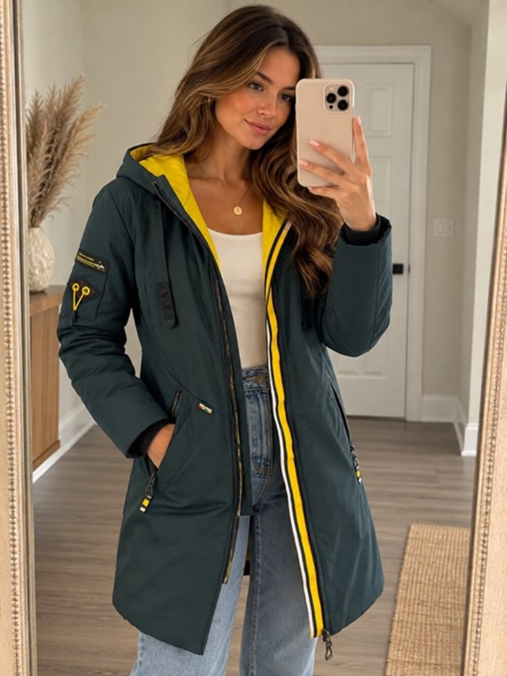 GRACE Dark Green Hooded Long Jacket Yellow Lining Size L